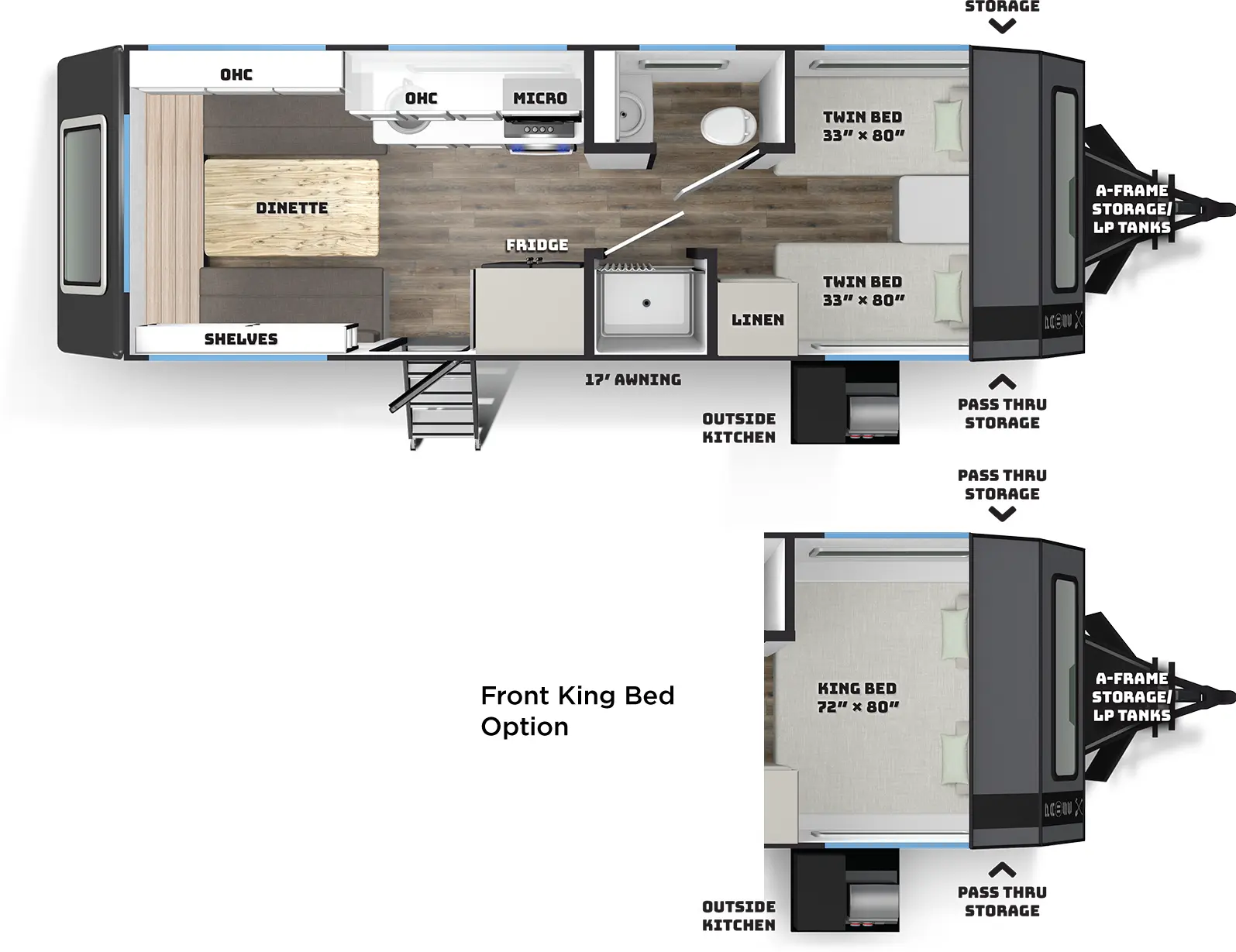 The Pause 22.4 floorplan has one entry and zero slide outs. Exterior features include: fiberglass exterior, 17' awning and outside kitchen. Interiors features include: front bedroom.
